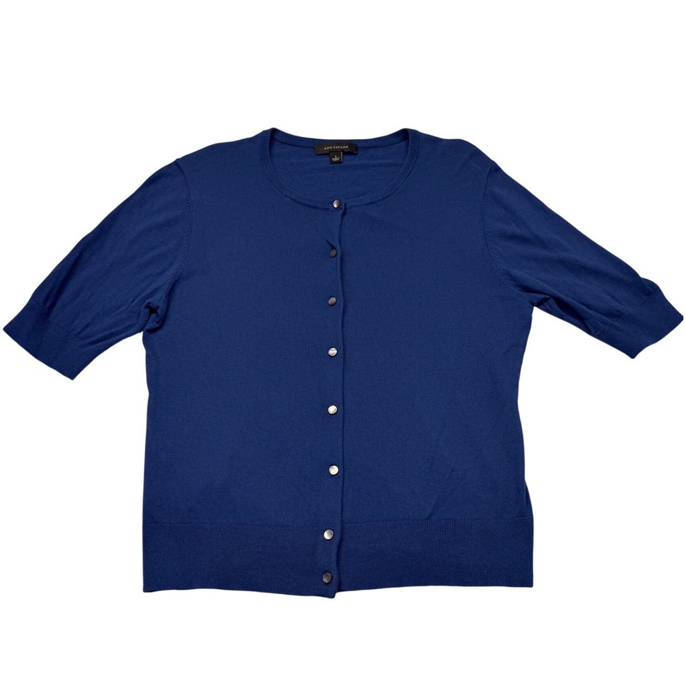 Ann Taylor Royal Blue Short Sleeve Button Front Cardigan Sweater Size L